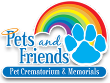 A rainbow and paw print on top of the logo for pets and friends.