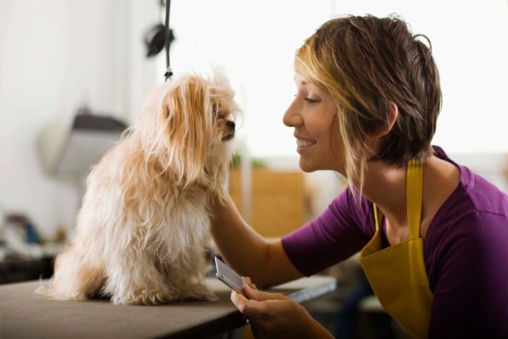 A woman is petting her dog on the head.