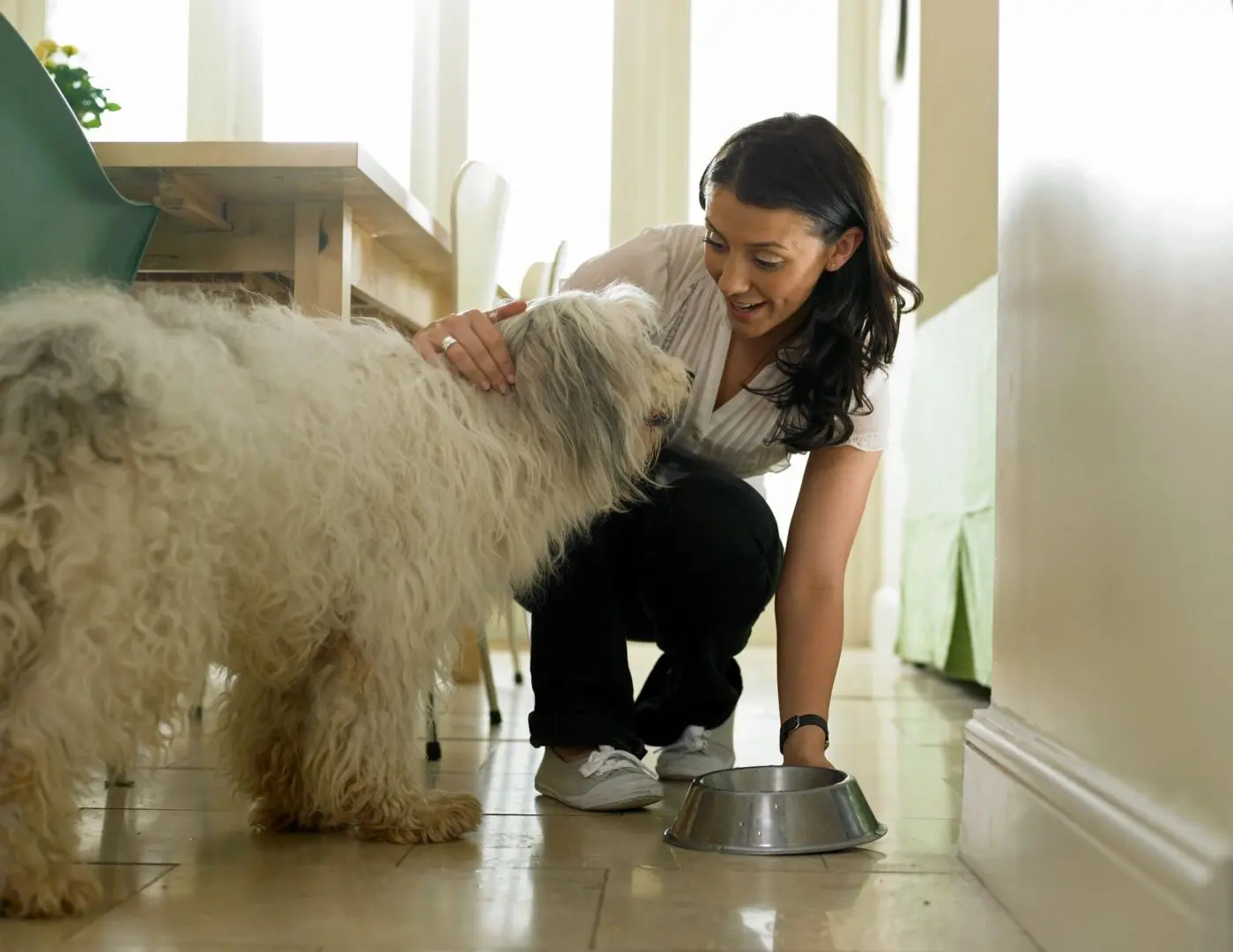 A woman is petting her dog on the floor